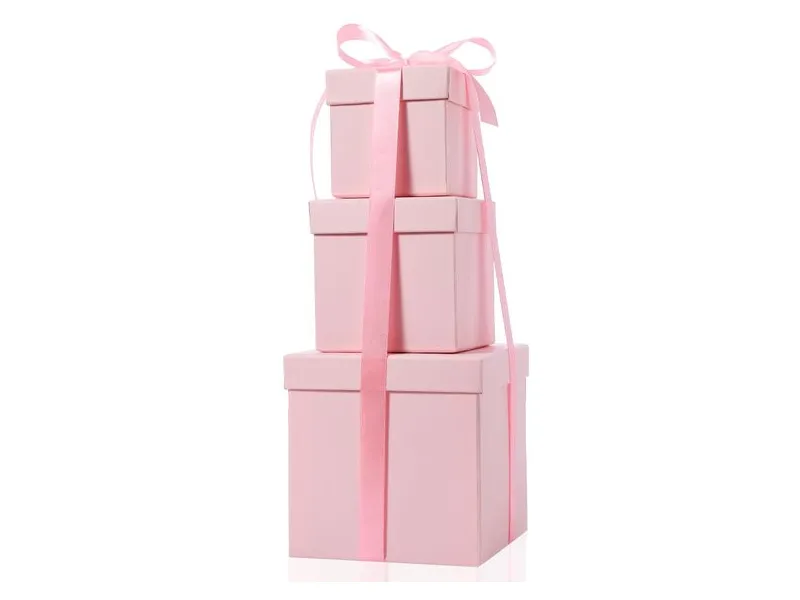 3-Layer Lid And Base Pink Jewelry Gift Box With Ribbon